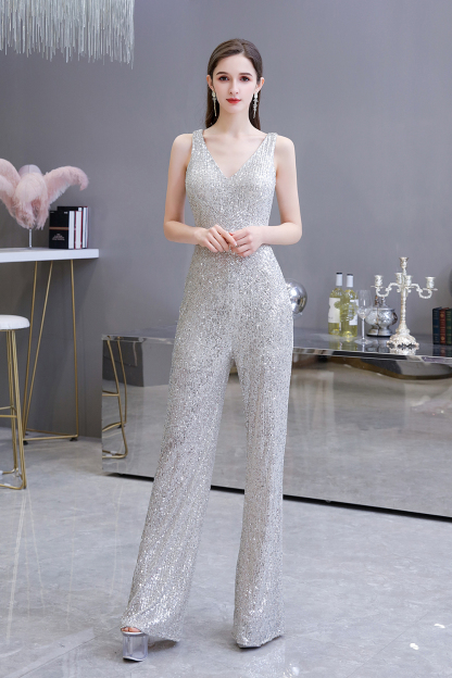 BMbridal Stunning Sequins V-Neck Sleeveless Jumpsuit Event Party Gowns On Sale