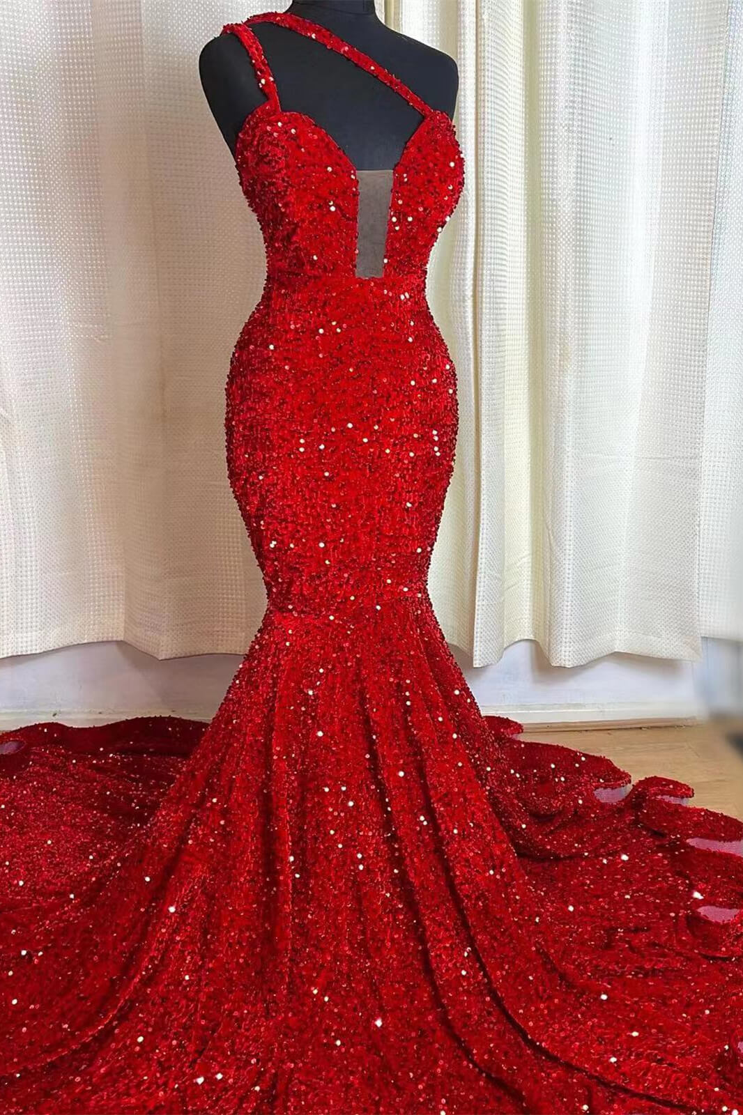 Red Mermaid Sleeveless One Shoulder Prom Dress Sweetheart Elegant Sequins