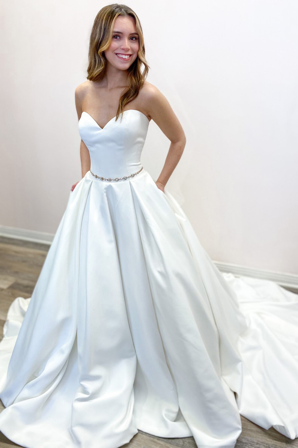 Bmbridal Sweetheart White Wedding Dress Satin Princess With Pockets-BMbridal