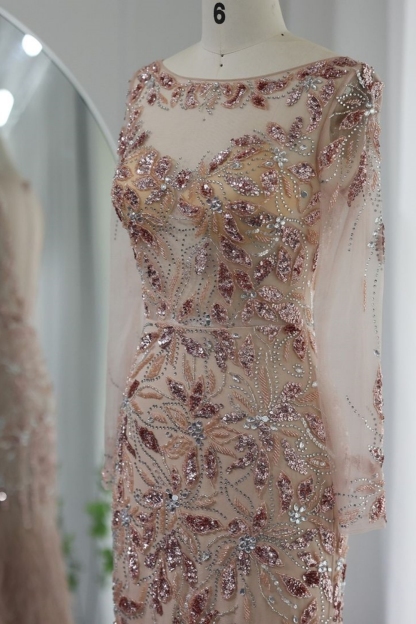Bmbridal Dusty Rose A-Line Long Sleeves Bateau Tulle Prom Dresses with Appliques
