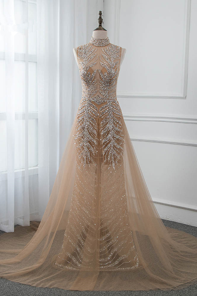 BMbridal Glamorous High-Neck Beadings Appliques Prom Dresses with Rhinestones