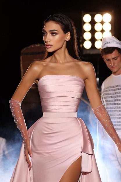 Bmbridal Pink Strapless Prom Dress Pleats Overskirt Long With Slit
