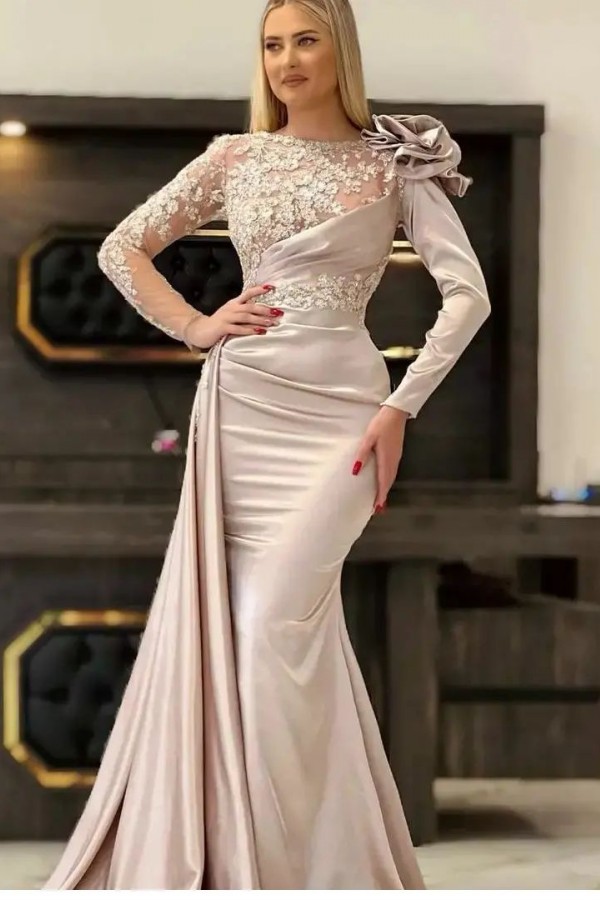 Bmbridal Long Sleeves Mermaid Prom Dress Appliques Long With Ruffles