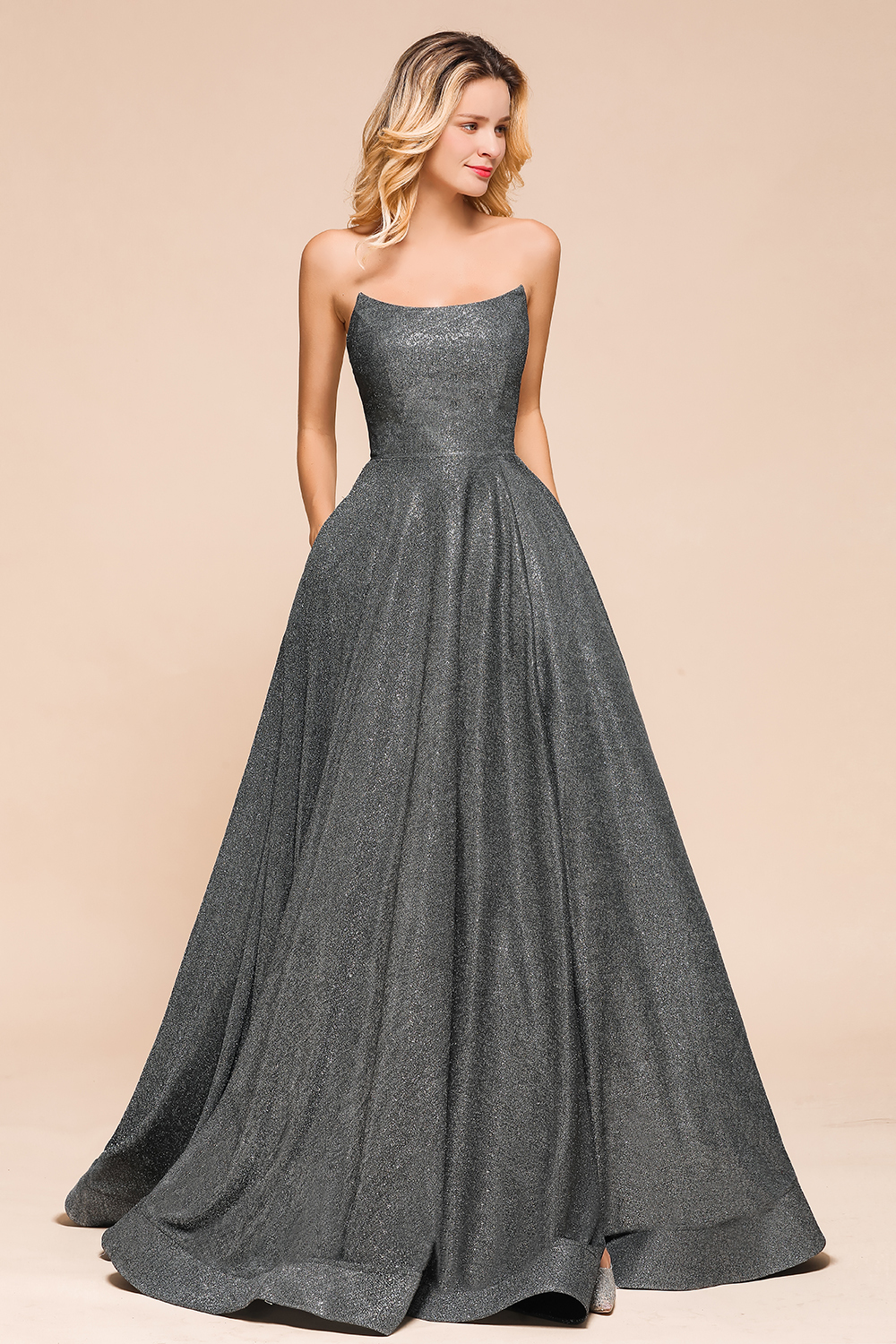 BMbridal Shinning Strapless Long Prom Dress Lace-up Evening Gowns With Split
