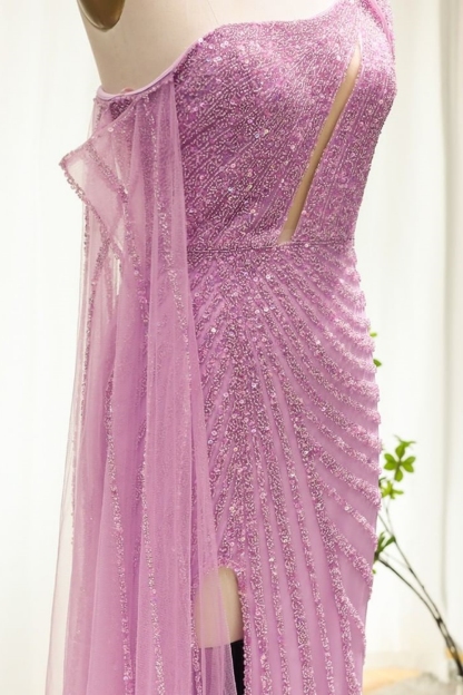 Bmbridal Split Front A-Line Lilac One Shoulder Floor-Length Prom Dresses with Ruffles
