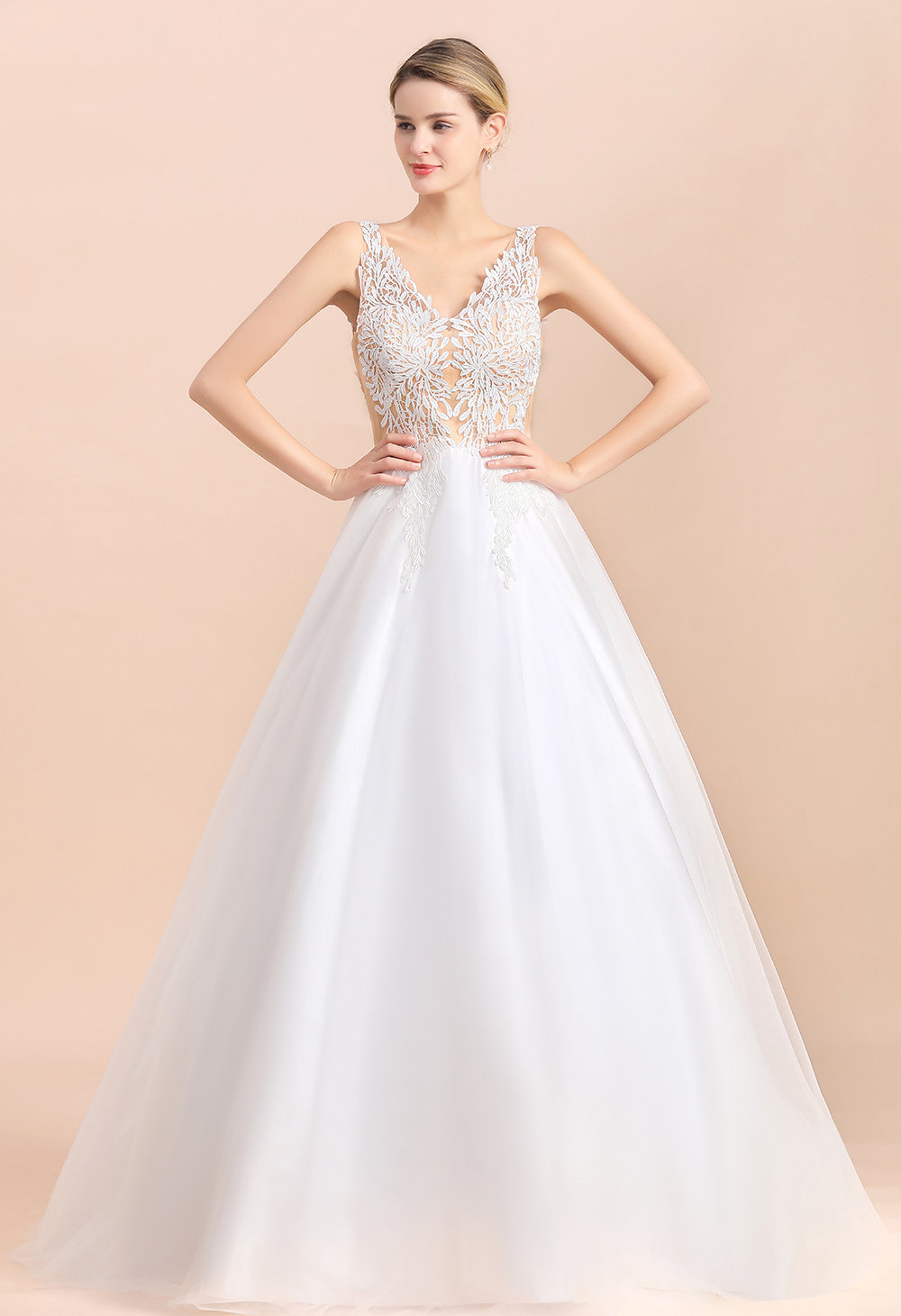 BMbridal Boho V-Neck Lace Wedding Dress Tulle Appliques Sleeveless Bridal Gowns On Sale-BMbridal