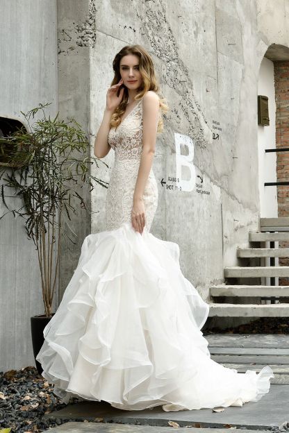 BMbridal Elegant Mermaid Tulle Lace White Wedding Dresses with Appliques