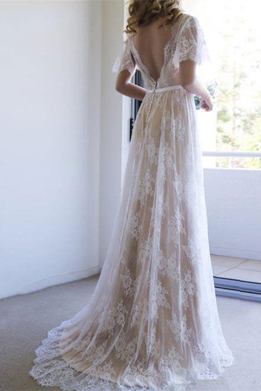 Lace Short Sleeves Boho Wedding Dress
