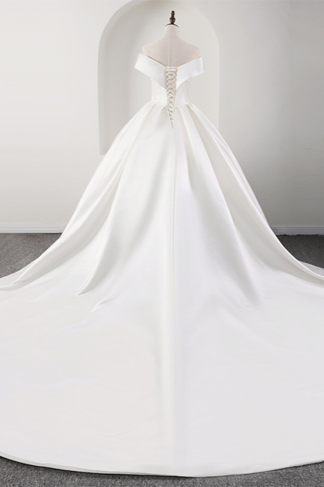BMbridal Glamorous White Satin Ruffles Wedding Dresses Off-the-shoulder A-line Bridal Gowns Online-BMbridal