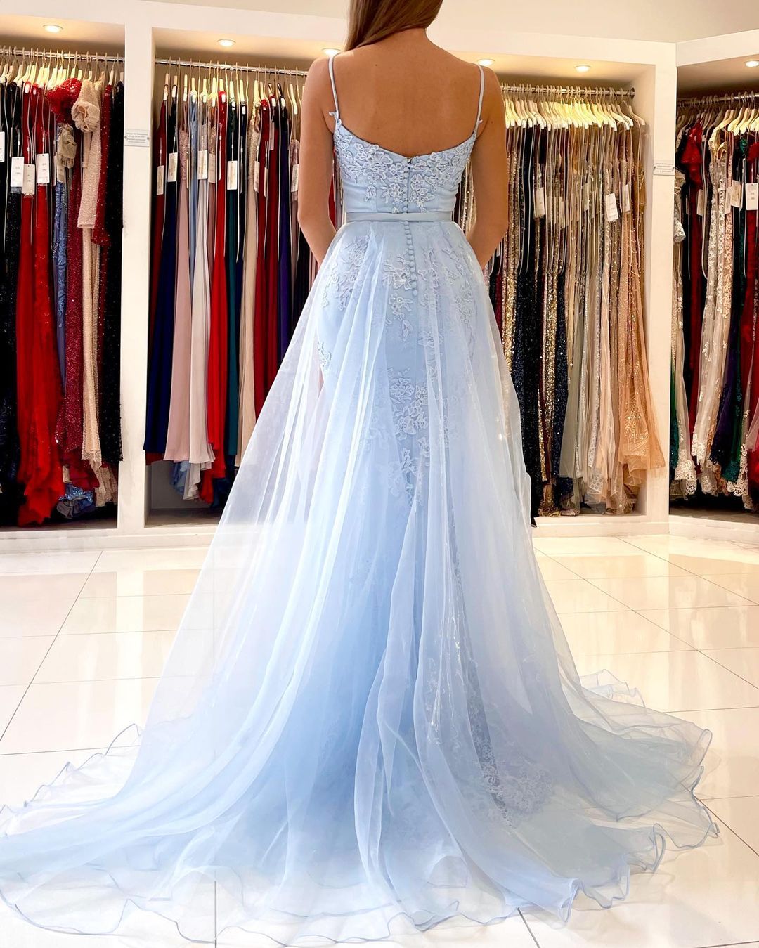 Bmbridal Sky Blue Spaghetti-Straps Prom Dress Mermaid With Lace Appliques