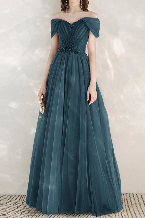 Elegant Infinity Tulle Off the Shoulder Sweetheart Long Prom Dress With Sequins