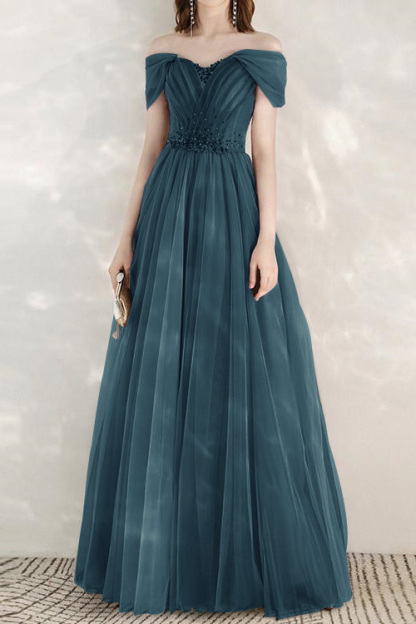 Elegant Infinity Tulle Off the Shoulder Sweetheart Long Prom Dress With Sequins