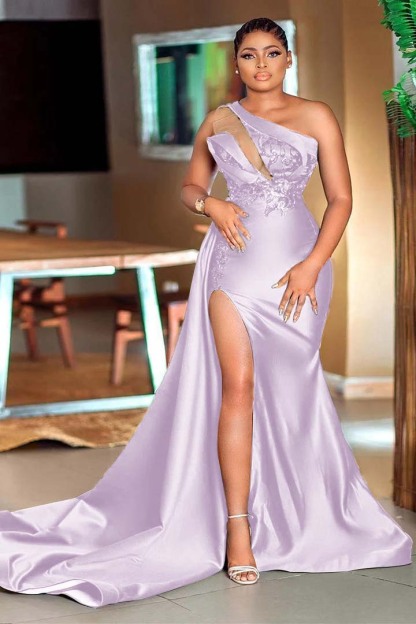 Dark Green One Shoulder Sleeveless Mermaid Split Prom Dress With Sequins