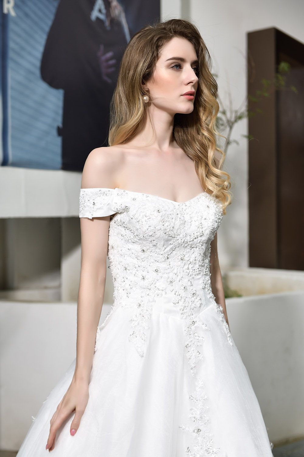 BMbridal Gorgeous Lace Off-the-Shoulder Long Wedding Dress with Beadings