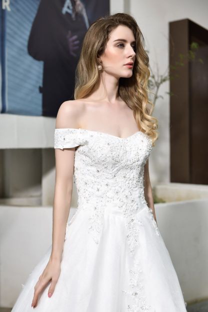 BMbridal Gorgeous Lace Off-the-Shoulder Long Wedding Dress with Beadings