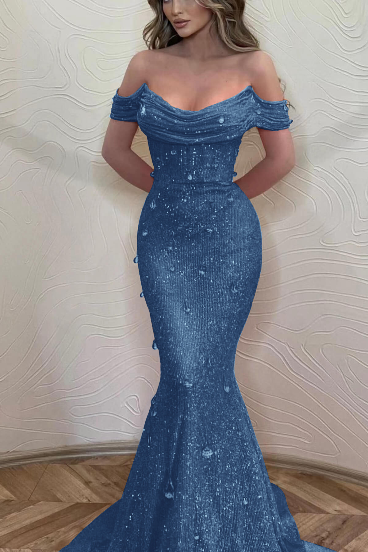 Orange Off the Shoulder Strapless Sleeveless Prom Dress With Sequins Mermaid