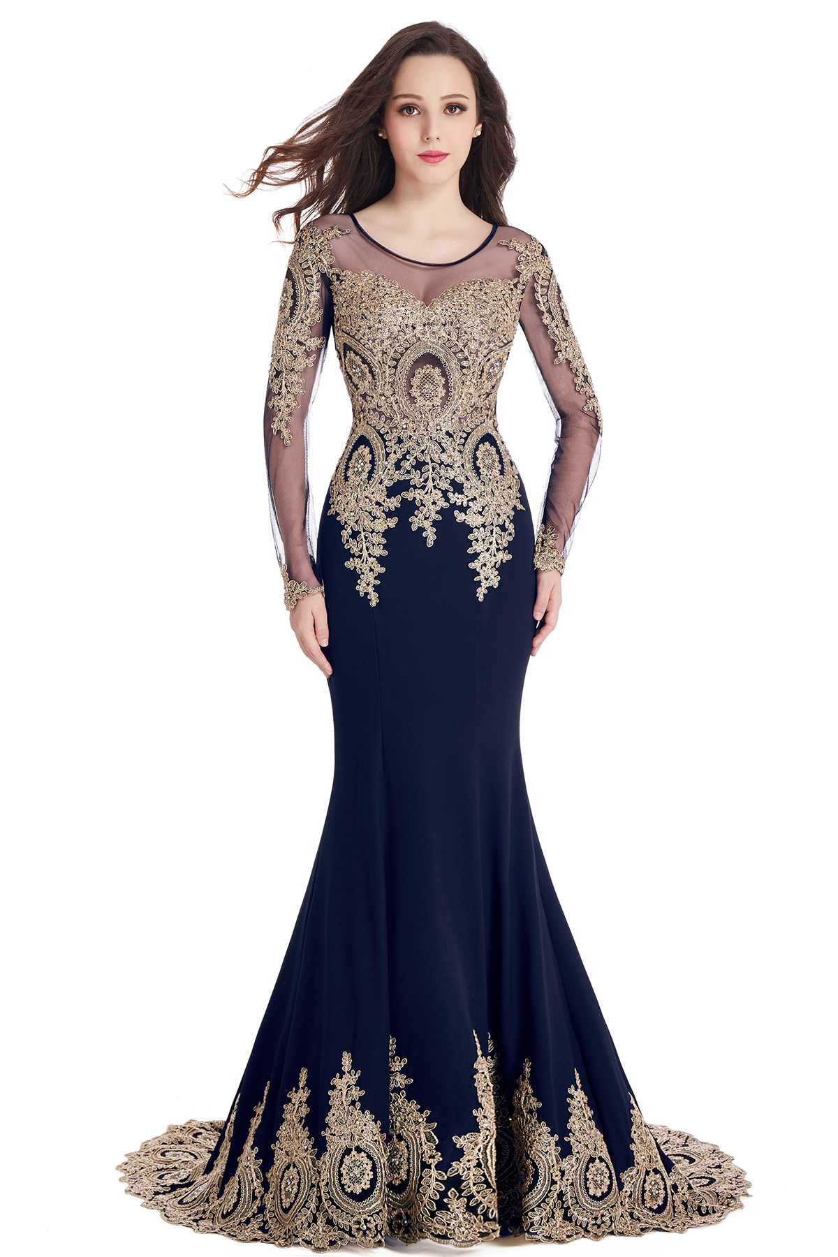 Gorgeous Long Sleeve Mermaid Evening Party Gowns With Lace Appliques
