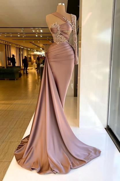 Deluxe Mermaid Long Sleeves Satin Prom Dresses with Appliques