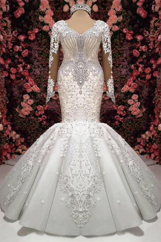 Elegant Sweetheart Mermaid Long Sleeves Lace Appliques Wedding Dress with Beadings