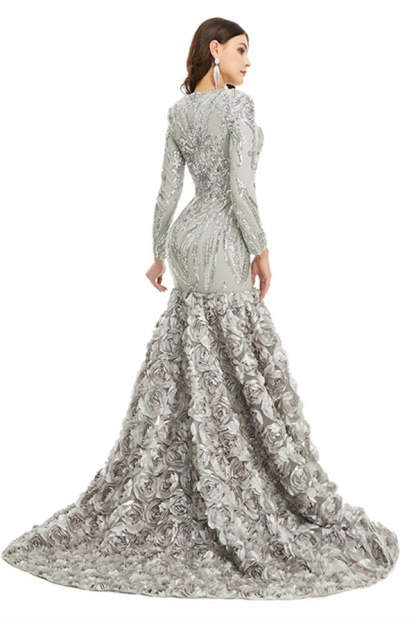 Bmbridal Long Sleeves V-Neck Prom Dress Mermaid Sequins With Flowers Bottom