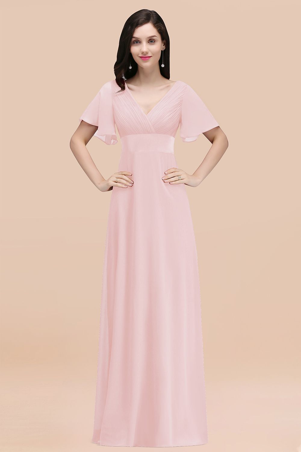 BMbridal Affordable V-Neck Ruffle Long Burgundy Bridesmaid Dress With Short-Sleeves-BMbridal