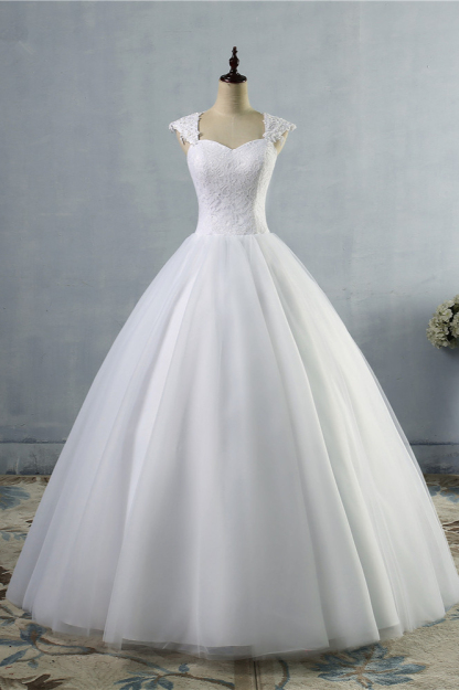 BMbridal Affordable Sweetheart Tulle Lace Wedding Dresses Cap-Sleeves Appliques Bridal Gowns Online