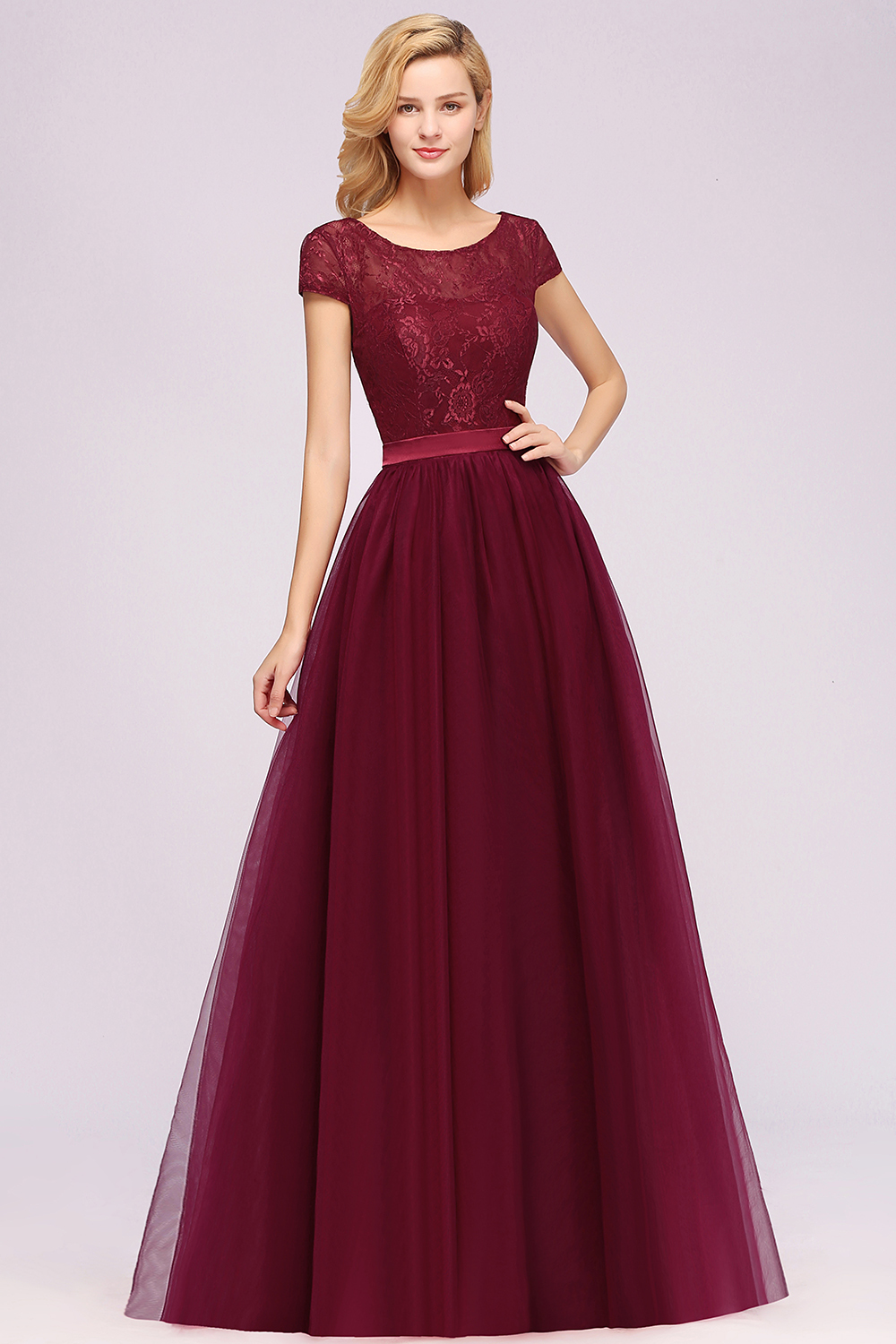 BMbridal Elegant Lace Cap Sleeves Burgundy Bridesmaid Dresses Affordable-BMbridal