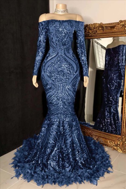 Long Sleeves Strapless Mermaid Prom Dress Sequins Burgundy With Feather