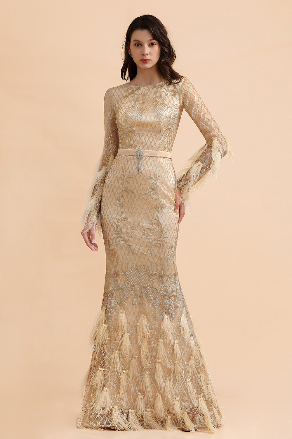 BMbridal Glamorous Jewel Lace Appliques Prom Dresses Long Sleeves Mermaid Formal Dresses with Fur