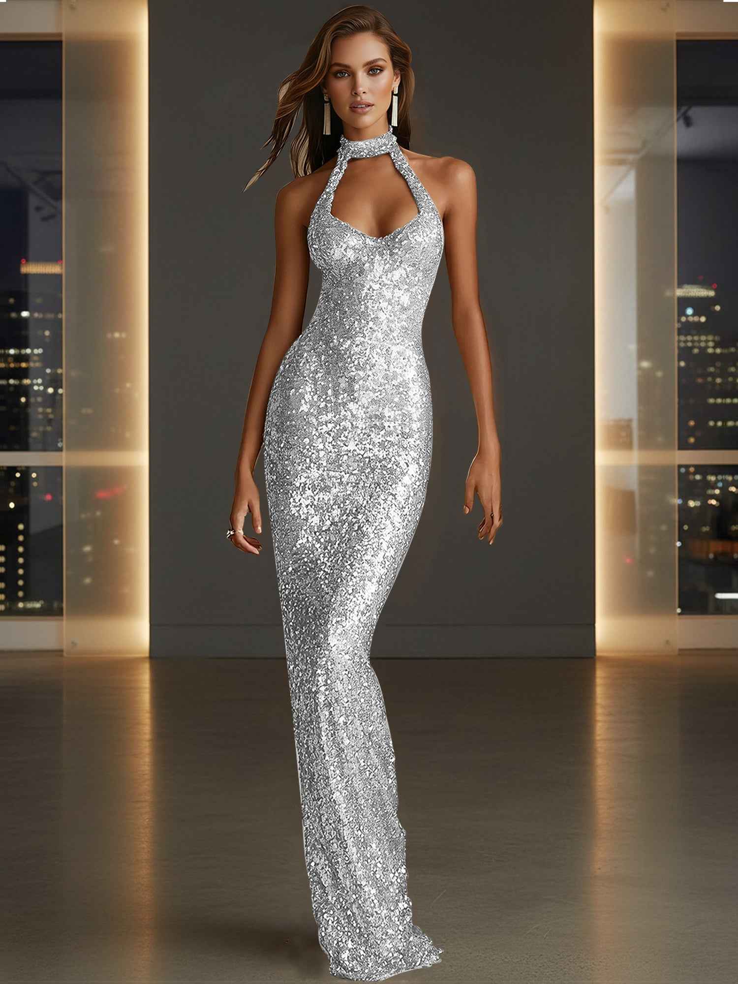 Glamorous Gold Sequin Halter Neck Mermaid Long Prom Dress