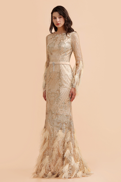 BMbridal Glamorous Jewel Lace Appliques Prom Dresses Long Sleeves Mermaid Formal Dresses with Fur