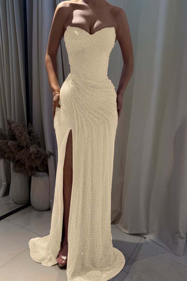 Strapless Sleeveless Mermaid Long Prom Dress With Split Pleated