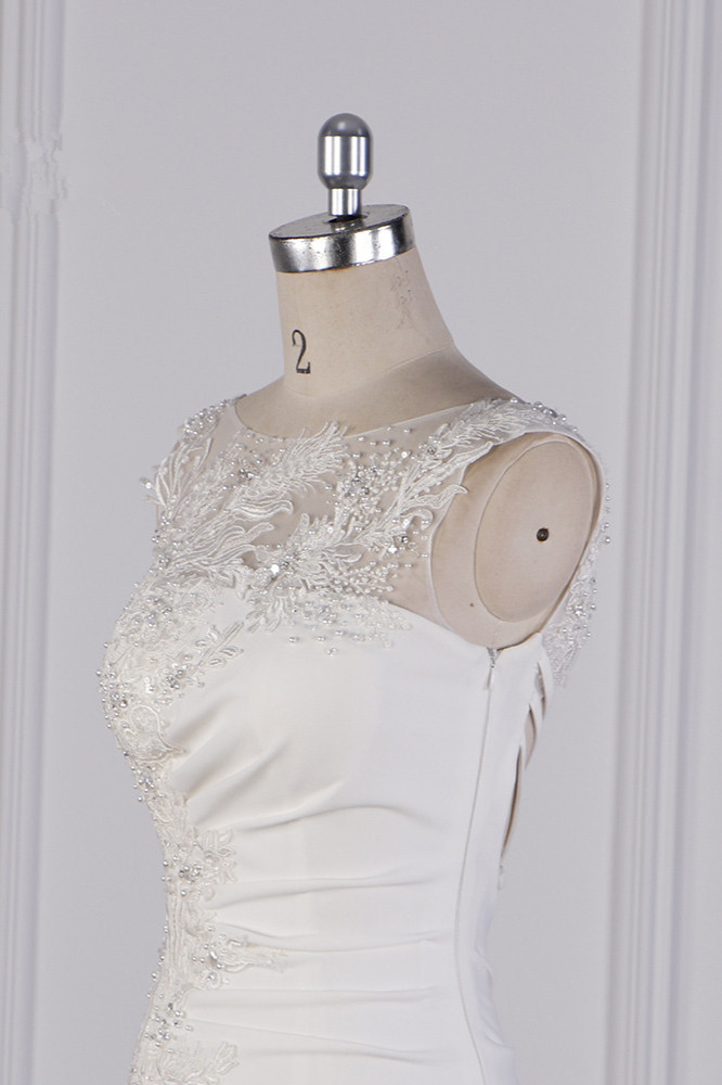 BMbridal Gorgeous Jewel Mermaid Satin Wedding Dress Sleeveless Ruffles Appliques Beadings Bridal Gowns Online-BMbridal