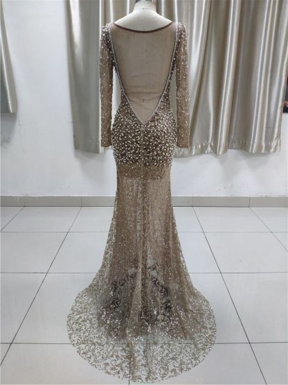 BMbridal Luxury Lace Long Sleeves Slit Prom Dresses with Appliques Pearls Online