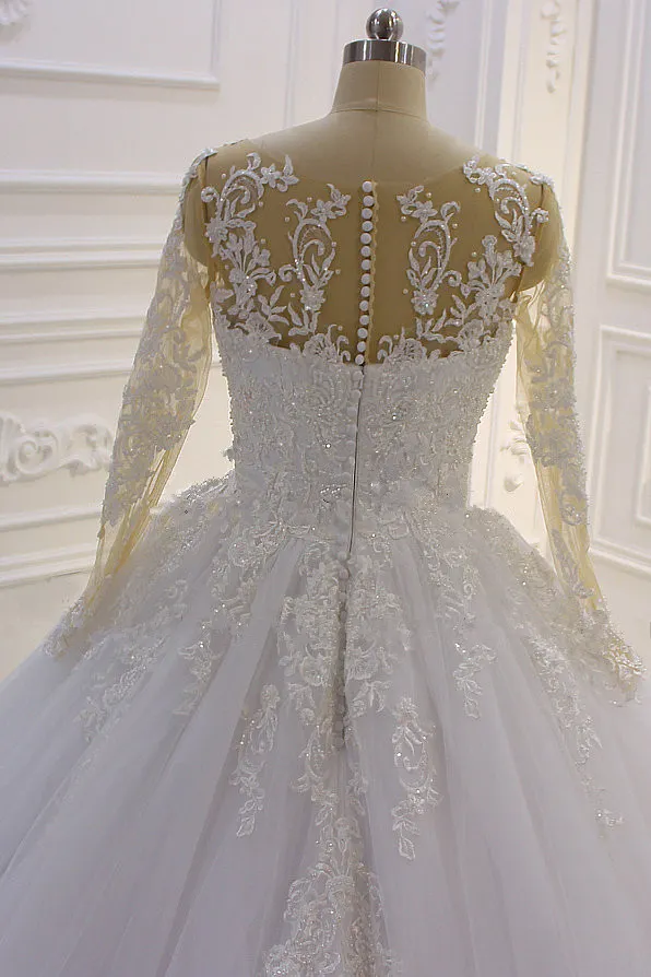 Stylish Long Sleeves Bateau Lace A-Line Wedding Dress with Tulle Pearl Appliques