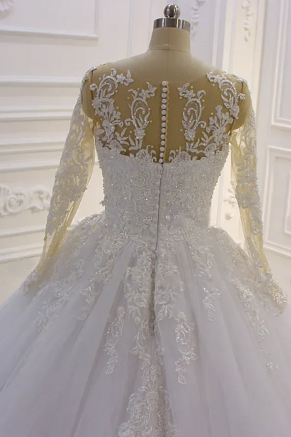 Stylish Long Sleeves Bateau Lace A-Line Wedding Dress with Tulle Pearl Appliques