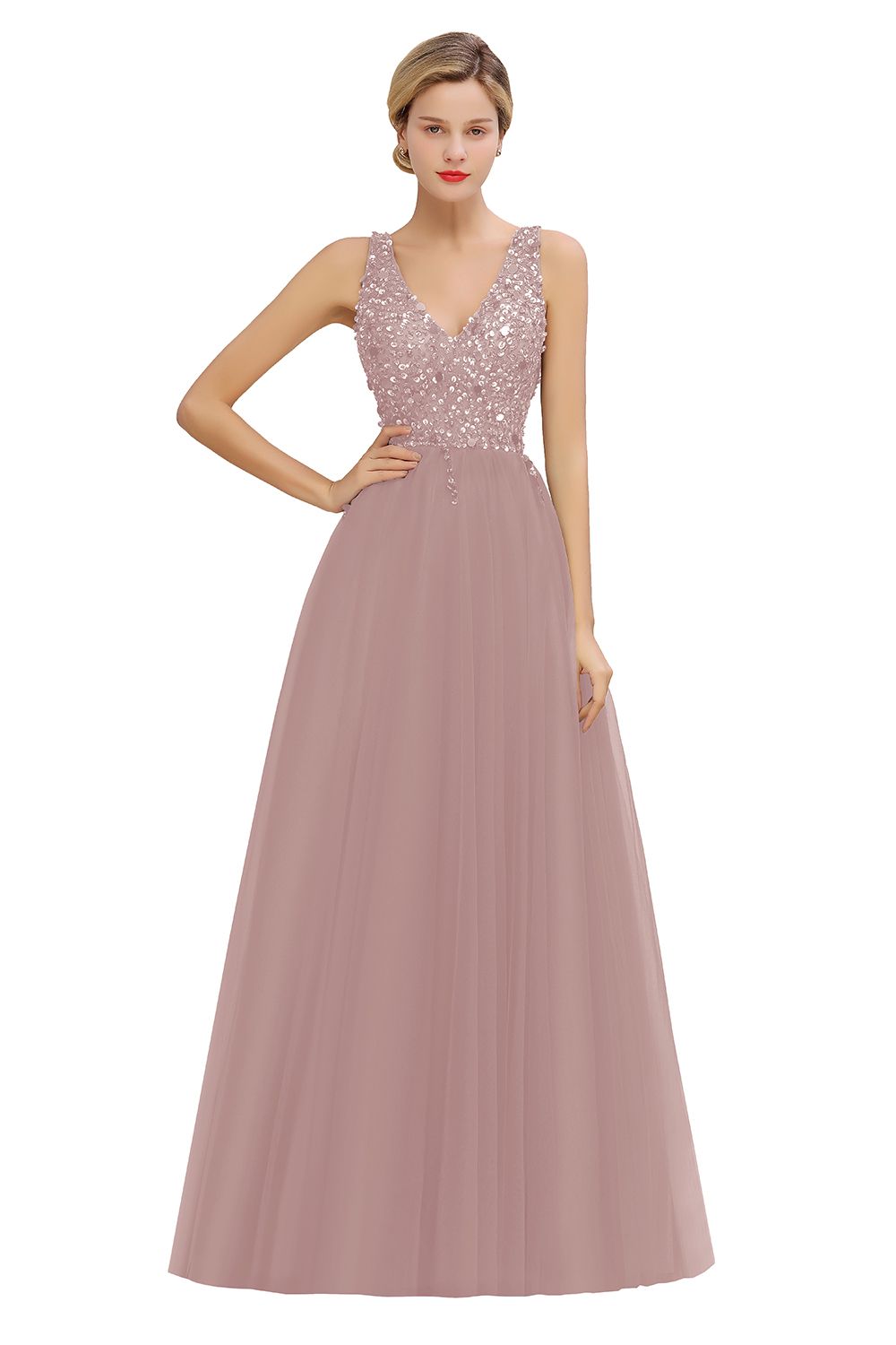 BMbridal Glamorous V-Neck Sleeveless Prom Dress Long Tulle Evening Gowns With Crystals