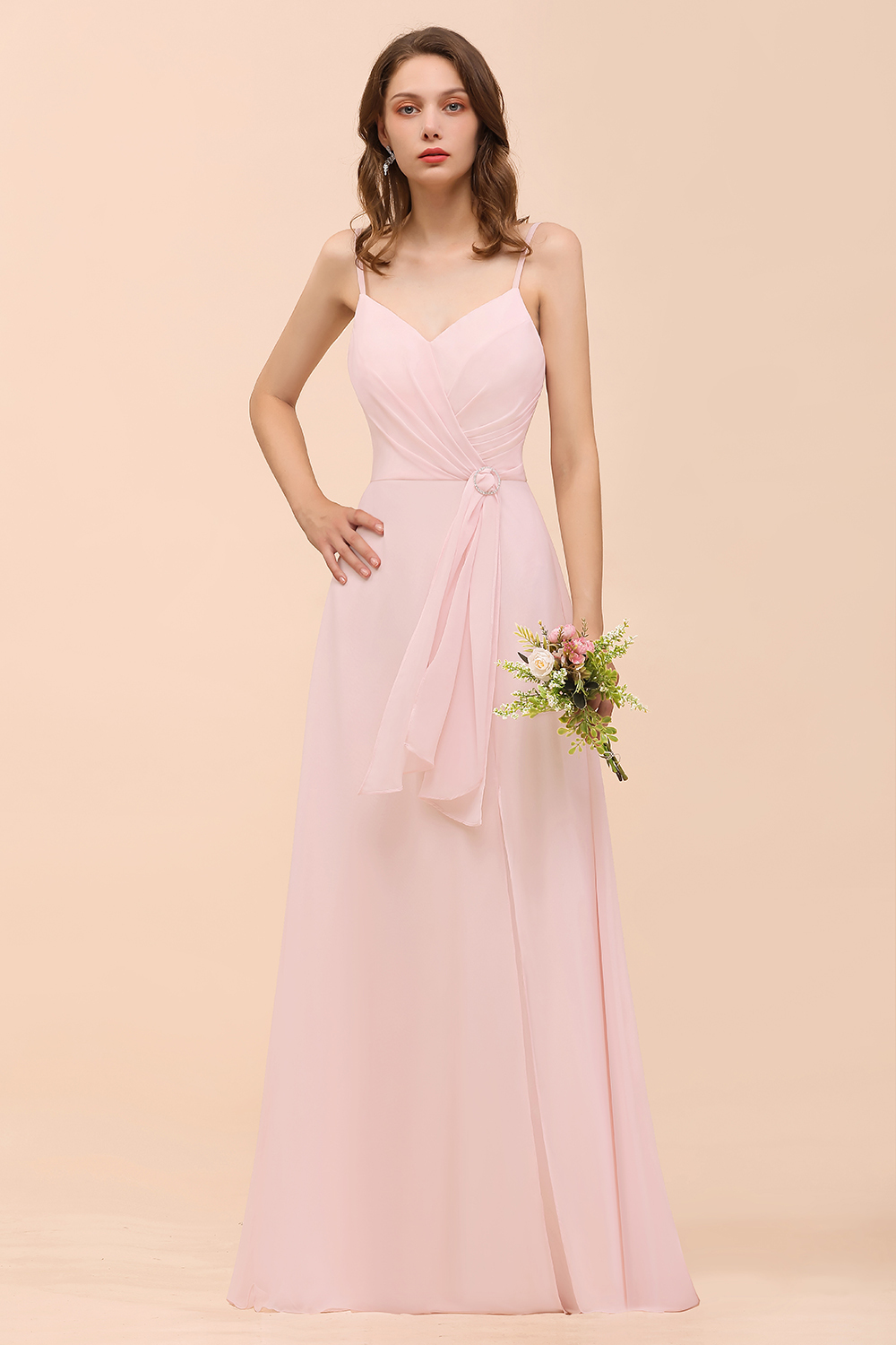 BMbridal Affordable Blushing Pink Spaghetti Straps Ruffle Bridesmaid Dress-BMbridal