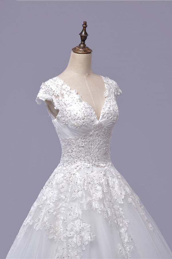 BMbridal Gorgeous V-neck A-line Tulle Wedding Dresses Appliques White Shortsleeves Bridal Gowns On Sale-BMbridal