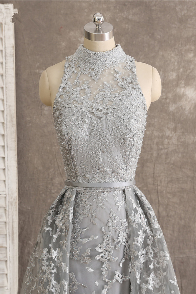 BMbridal Gorgeous High-Neck Tulle Lace Prom Dresses Sleeveless Appliques Rhinestones Formal Party Dresses On Sale-BMbridal