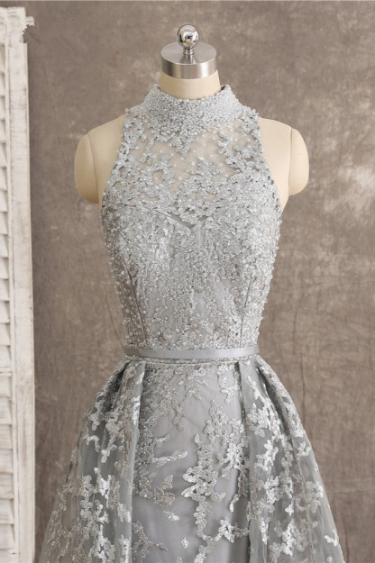 BMbridal Gorgeous High-Neck Tulle Lace Prom Dresses Sleeveless Appliques Rhinestones Formal Party Dresses On Sale-BMbridal