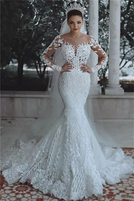 Gorgeous Mermaid Long Sleeves Wedding Dress with Lace Appliques