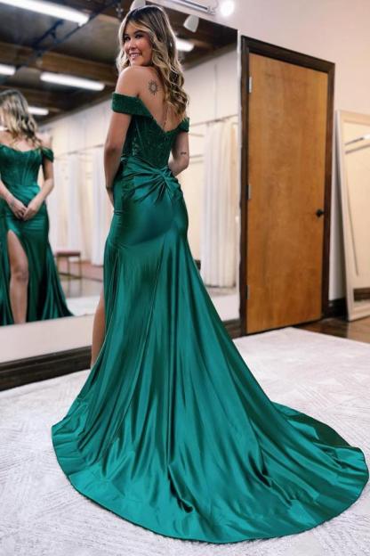 Bmbridal Black Off-The-Shoulder Split Front A-line Prom Dresses with Ruffles