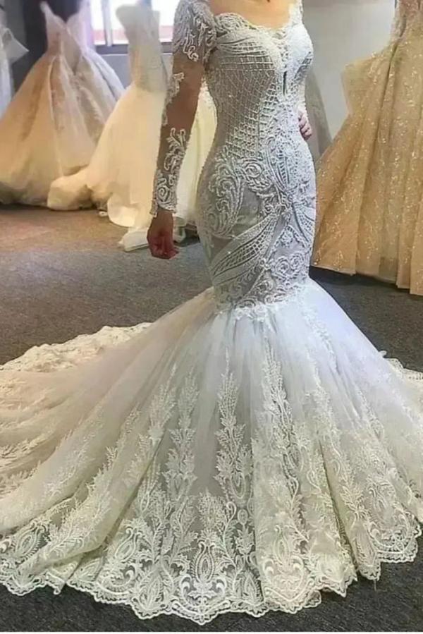 Bmbridal Long Sleeves Wedding Dress Mermaid Off-the-Shoulder Lace Appliques-BMbridal