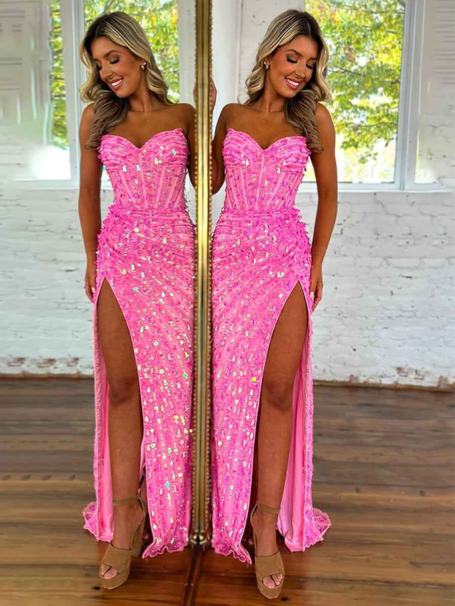 Sweetheart Mermaid Sequins Long Prom Dress with Slit