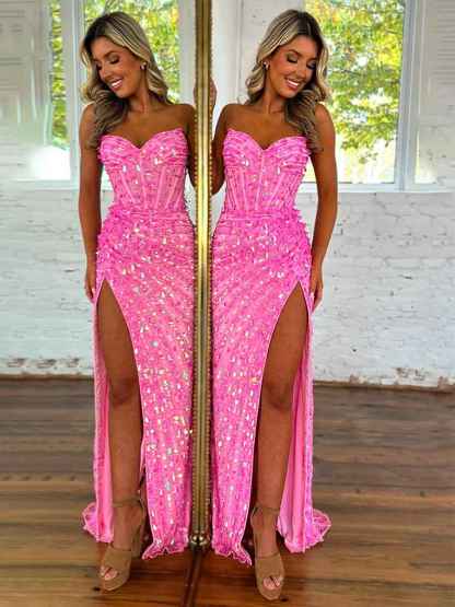 Sweetheart Mermaid Sequins Long Prom Dress with Slit
