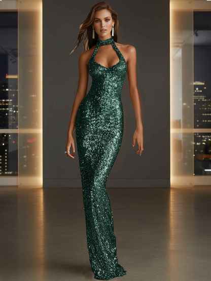 Glamorous Gold Sequin Halter Neck Mermaid Long Prom Dress