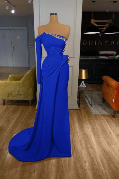 Orange Long Sleeves Sequins Long Pleated Mermaid Prom Dress With Beadings