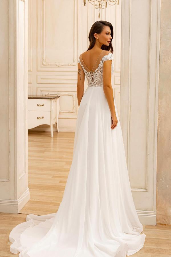 Trendy White A-Line Floor-Length Scoop Neck Lace Chiffon Wedding Dresses-BMbridal
