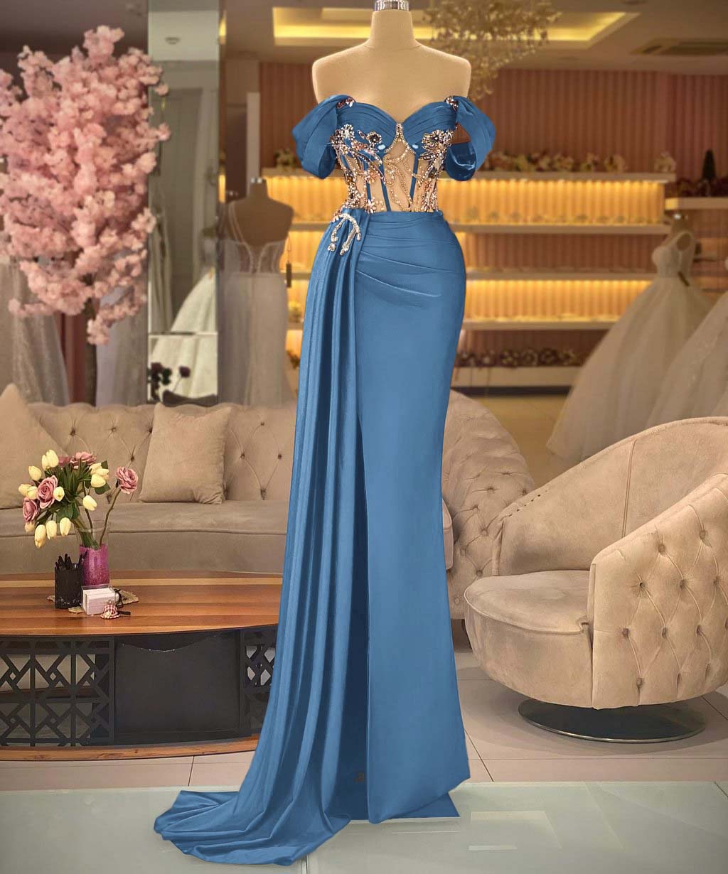 Elegant Off the Shoulder Royal Blue Beaded Sleeveless Prom Dress With Split